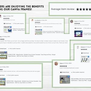 May include: Screenshots of positive customer reviews for a digital product. The reviews highlight the ease of use and time-saving benefits of the product. The product is described as an "Editable Canva Frames Template" and is advertised as being easy to use and allowing users to add their own patterns. The reviews are accompanied by a five-star rating and the text "Average item review (721)".