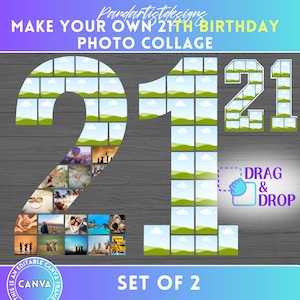 May include: A digital photo collage template for a 21st birthday, with the number "21" made of photo frames. The design includes the text "MAKE YOUR OWN 21TH BIRTHDAY PHOTO COLLAGE" and "SET OF 2". The design is editable in Canva.