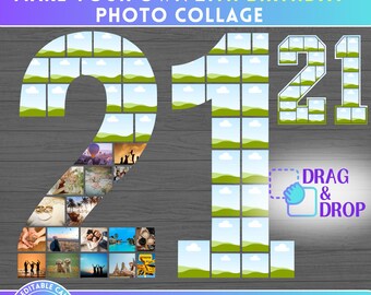 May include: A digital photo collage template for a 21st birthday, featuring the number "21" composed of photo frames. The design includes the text "MAKE YOUR OWN 21TH BIRTHDAY PHOTO COLLAGE" and "SET OF 2". The design is editable in Canva.