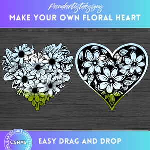May include: Two black and white floral heart designs with blue and green accents. The text "MAKE YOUR OWN FLORAL HEART" and "EASY DRAG AND DROP" are also included in the image.