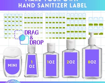 Etichetta disinfettante per le mani modello modificabile Canva, etichetta disinfettante per le mani mini, etichetta 1oz, 2oz, 8oz Canva Frame Bundle, trascina e rilascia, modello vuoto