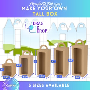May include: An image displaying five sizes of tall boxes, with dimensions in inches. The boxes are made of brown cardboard and have a handle. The text reads "MAKE YOUR OWN TALL BOX" and "5 SIZES AVAILABLE".
