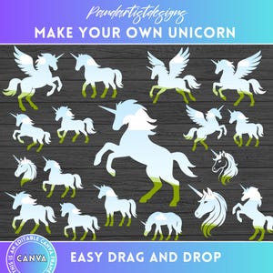 May include: A collection of unicorn graphics in various poses and styles, with a light blue and white color scheme and green accents. The image includes the text "MAKE YOUR OWN UNICORN" and "EASY DRAG AND DROP". The design is set against a dark wood grain background.