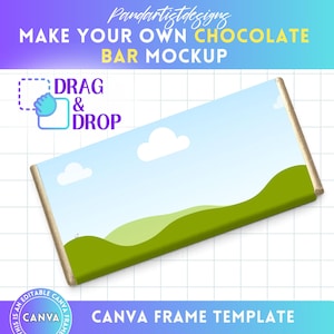 Könnte beinhalten: Rechteckige Schokoriegel-Vorlage mit Landschaftsdesign, blauem Himmel, weißen Wolken und grünen Hügeln. Der Text "MAKE YOUR OWN CHOCOLATE BAR MOCKUP" und "DRAG & DROP" sind sichtbar. Die Worte "CANVA FRAME TEMPLATE" sind ebenfalls vorhanden.