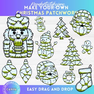 Op de afbeelding: Een verzameling digitale illustraties met een kerstthema. De afbeelding toont een notenkraker, sneeuwmannen, de kerstman, kerstbomen, ornamenten, een peperkoekmannetje, een krans en een kous. De ontwerpen zijn in patchwork-stijl met witte, groene en blauwe kleuren. Tekst bevat "MAKE YOUR OWN CHRISTMAS PATCHWORK" en "EASY DRAG AND DROP".