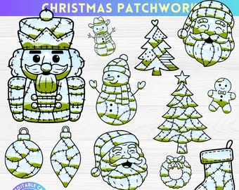 Könnte beinhalten: Eine Sammlung digitaler Illustrationen zum Thema Weihnachten. Das Bild zeigt einen Nussknacker, Schneemänner, den Weihnachtsmann, Weihnachtsbäume, Ornamente, einen Lebkuchenmann, einen Kranz und einen Strumpf. Die Designs sind im Patchwork-Stil mit weißen, grünen und blauen Farben gehalten. Der Text enthält "MAKE YOUR OWN CHRISTMAS PATCHWORK" und "EASY DRAG AND DROP".