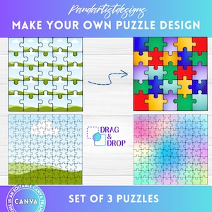 Può includere: Un set di tre modelli di puzzle stampabili. Il primo puzzle ha un design paesaggistico con colline verdi e cielo blu. Il secondo puzzle ha un design colorato con quadrati rossi, arancioni, gialli, verdi, blu e viola. Il terzo puzzle ha un design a gradiente arcobaleno. Il testo "DRAG & DROP" è in una casella blu con un contorno bianco.