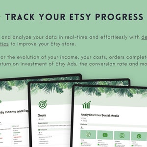 May include: A screenshot of a computer screen showing a website for tracking Etsy shop analytics. The website has three sections: Monthly Income and Expenses, Goals, and Analytics from Social Media. The website is designed with a green and white color scheme and features a tropical leaf background.