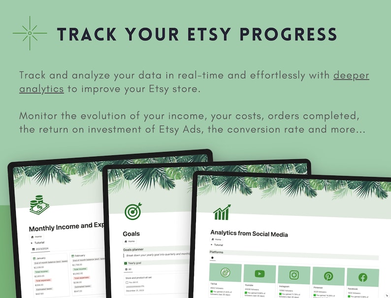 May include: A screenshot of a computer screen showing a website for tracking Etsy shop analytics. The website has three sections: Monthly Income and Expenses, Goals, and Analytics from Social Media. The website is designed with a green and white color scheme and features a tropical leaf background.
