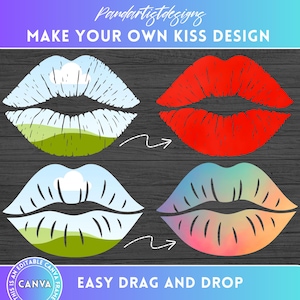 Progetta le tue labbra su CANVA, pacchetto di cornici CANVA "Bacio Labbra", facile da trascinare, labbra rosse in formato PNG, modello per sublimazione, labbra che si baciano in formato SVG, POD