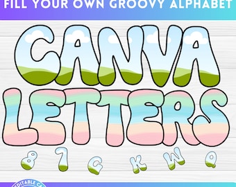 Canva Frames Retro Groovy Doodle Letters, easy Drag and Drop, Bundle Alphabet Letters and Number PNG, Editable Template, Sublimation Design