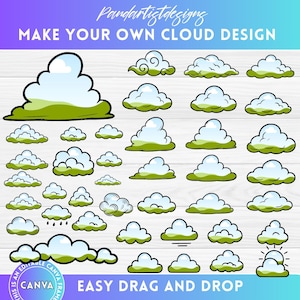 Puede incluir: Una colección de diseños de nubes de dibujos animados en varias formas y tamaños. Cada nube presenta un cuerpo blanco y azul claro con una base verde. La imagen incluye el texto "MAKE YOUR OWN CLOUD DESIGN" y "EASY DRAG AND DROP".