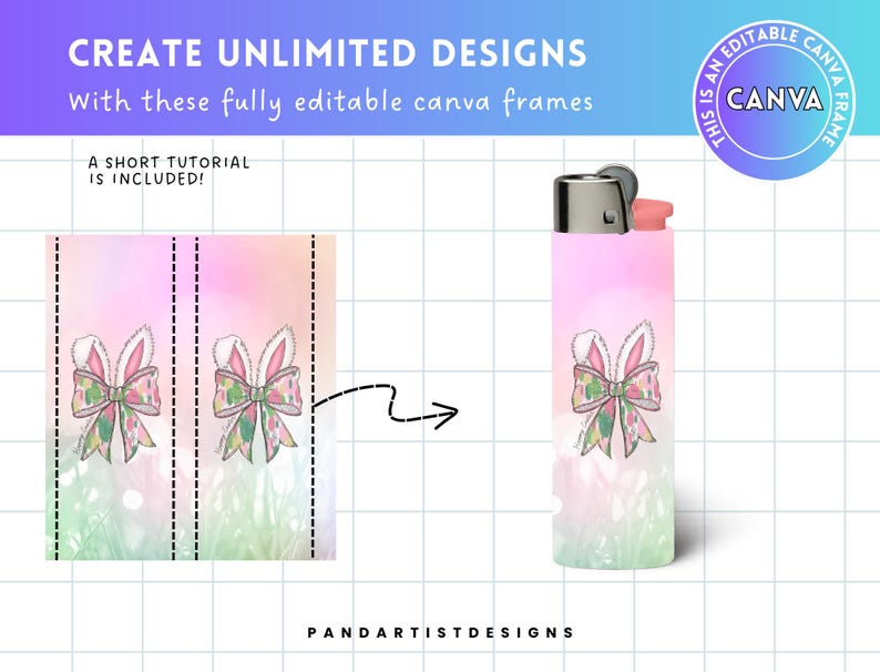 May include: A digital design template for a lighter featuring a pink bow with green and white floral accents on a pink, green, and white watercolor background. The design is divided into three sections for easy editing in Canva.