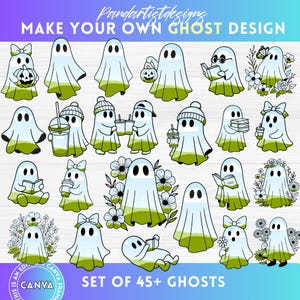 Cute Ghost Halloween Bundle, Retro Floral Ghost Designs, Ghost Reading png, Beanie Ghost Clipart, Coquette, Canva Frames Bundle, Drag & Drop