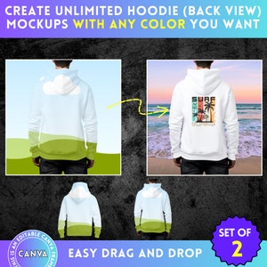 May include: Set of two white hoodie mockups with a design of a cloud and a landscape on one and a retro surf design with the text "Surf California" on the other. The mockups are easy to customize with any color or design.