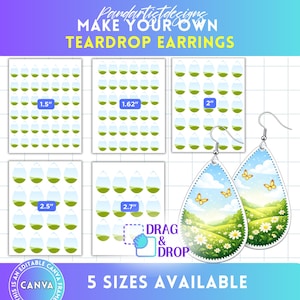 Op de afbeelding: Een digitaal sjabloon voor het maken van druppelvormige oorbellen, met vijf vellen in verschillende maten van 3,8, 4,1, 5,1, 6,4 en 6,9 cm. Het ontwerp toont een landschap met groene heuvels, witte madeliefjes, vlinders en een blauwe lucht. Tekst bevat Pandartistdesigns, Make Your Own Teardrop Earrings, Drag & Drop en 5 Sizes Available.