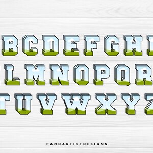 May include: A colorful alphabet with a layered, 3D effect. Each letter features a green grassy field, a blue sky, and white clouds. The letters are outlined in black and have a white border.