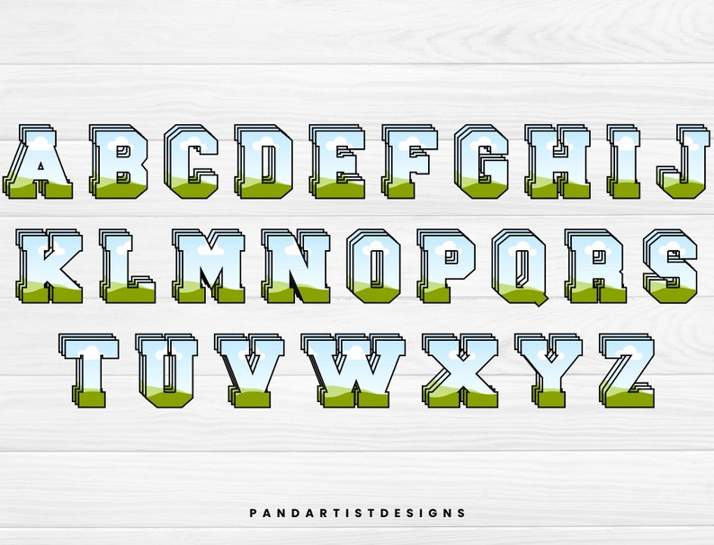 May include: A colorful alphabet with a layered, 3D effect. Each letter features a green grassy field, a blue sky, and white clouds. The letters are outlined in black and have a white border.