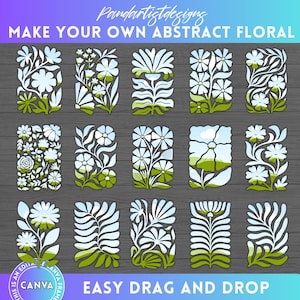 Peut inclure: Une conception numérique avec des motifs floraux rectangulaires blancs et verts sur un fond de grain de bois foncé. Le texte indique "MAKE YOUR OWN ABSTRACT FLORAL" et "EASY DRAG AND DROP". La conception est étiquetée "CANVA".