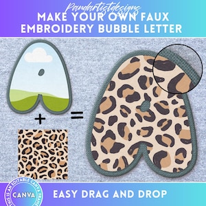 Digital Stitch Doodle Letter PNG, Faux Embroidery Applique Uppercase Number, Drag and Drop, Sequin Alphabet Patch Duotone Canva Frame Bundle