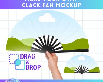 Clack Fan Mockup Editable Canva Template, Chinese Fan Mockup, Drag and Drop, Sublimation Hand Fan, Product Display, Canva Frames Bundle, POD