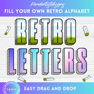 Lettere maiuscole e numeri retrò Canva Frame con facile trascinamento della selezione - Alfabeto digitale compilabile PNG - Pacchetto di modelli Canva modificabili
