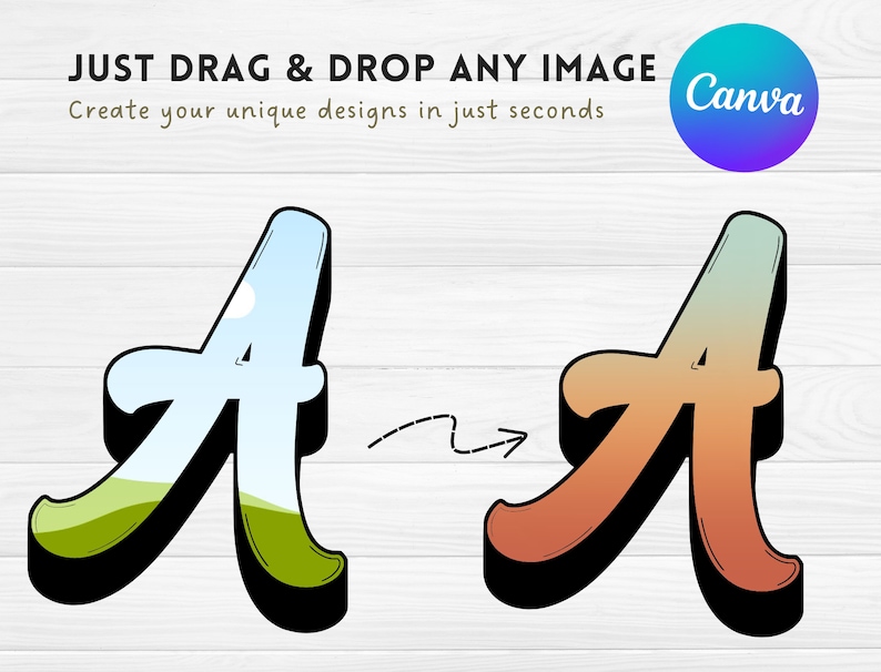May include: A graphic design tutorial showing how to use Canva to create unique designs by dragging and dropping images. The image shows a stylized letter "A" with a blue sky and green grass background, transforming into a stylized letter "A" with an orange and blue gradient background.