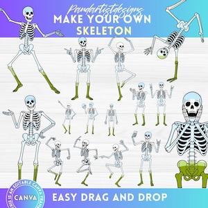 Może przedstawiać: Kolekcja ilustracji szkieletów z kreskówek w różnych pozach, z zielonymi akcentami na nogach i miednicy. Obraz zawiera tekst "MAKE YOUR OWN SKELETON" i "EASY DRAG AND DROP". Szkielety są w różnych pozycjach.