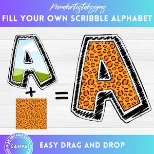 Canva Frame Scribble Alphabet, Doodle Sketch Letters and Numbers - Drag and Drop - Fillable Hand-drawn Font - Editable Uppercase Letters PNG