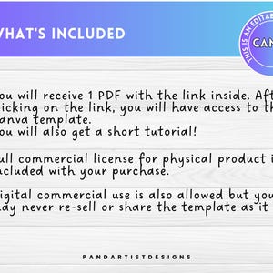 May include: A digital product description with a purple and blue gradient background. Text includes "WHAT'S INCLUDED" and details about a Canva template, a PDF link, and commercial license information. The Canva logo is also visible.