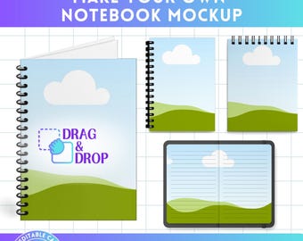 4 spiraalvormige notebookmodellen bewerkbare canvassjabloon, model notitieboek met draadbindingen, eenvoudig slepen en neerzetten, bundel canvalijsten, weergave boekmockups