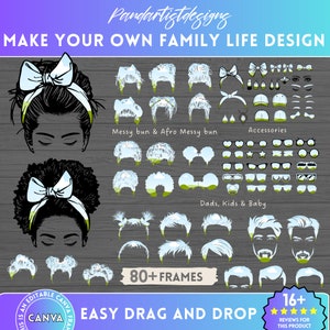 Vida familiar Bagunçado Bun Bundle Canva Frames - Mom Kid and Baby Life Design - Drag and Drop Photo - Sublimation - Afro Sunglasses Cap Bandana