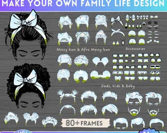 Familienleben Messy Bun Bundle Canva Frames - Mama Kind und Baby Leben Design - Ziehen und ablegen Foto - Sublimation - Afro Sonnenbrillen Kappe Bandana
