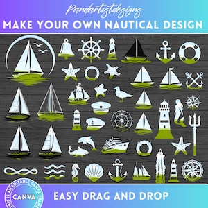 Nautische canvas framebundel, zeilontwerpen, ankerclipart, Ocean Life, Fish and Boat PNG, slepen en neerzetten, sublimatieontwerp, nautische svg