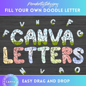 May include: Colorful doodle letters spelling "CANVA LETTERS" with a stained glass effect. The letters are outlined in black and filled with a variety of colors, including blue, green, yellow, and pink. The background is a dark wood grain.