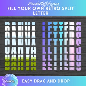 May include: A digital design template for creating retro split letter designs. The template features the word "CANVA" in white letters with a gradient background. The letters are split in half, with the top half of each letter in a light blue color and the bottom half in a green color. The template also includes a set of split letters in various colors, including blue, purple, and pink.