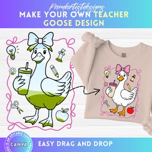 K&ouml;nnte beinhalten: Beiges Sweatshirt mit einem Cartoon-G&auml;nsemotiv, das ein Getr&auml;nk h&auml;lt und eine rosa Schleife tr&auml;gt. Das Design enth&auml;lt schulthematische Elemente wie einen Bleistift, einen Apfel und eine Gl&uuml;hbirne. Der Text lautet "MAKE YOUR OWN TEACHER GOOSE DESIGN" und "EASY DRAG AND DROP".