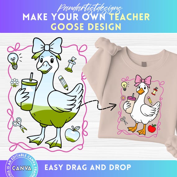 Coquette Silly Goose Teacher Custom Canva Frame, Funny Back to School Design, Preppy Teacher Sublimation, Drag and Drop, Retro Girly Teacher
