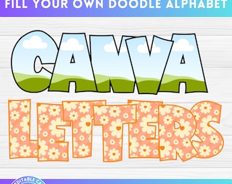 Fill your own Uppercase Doodle Letters & Number, Canva Frames, Drag and Drop, Sublimation Design Digital Alphabet Png, Editable Template