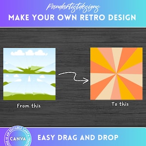 Op de afbeelding: Een grafisch ontwerp-tutorial die laat zien hoe je een retro-ontwerp kunt maken van een eenvoudige afbeelding. De tutorial toont een landschapsafbeelding met een reflectie in water en een retro-ontwerp met een zonnestralenpatroon. De tekst "MAKE YOUR OWN RETRO DESIGN" staat bovenaan de afbeelding. De tekst "From this" staat onder de landschapsafbeelding. De tekst "To this" staat onder het retro-ontwerp. De tekst "EASY DRAG AND DROP" staat onderaan de afbeelding.
