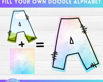 Llena tus propias letras mayúsculas Doodle en CANVA con arrastrar y soltar Alfabeto rellenable Alfabeto Fuente Letras PNG Diseño de marco de Canva editable