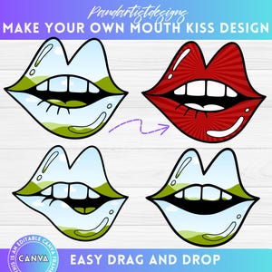 Retro Lips and Kiss Canva Frames Bundle, Editable CANVA Template, Sublimation Designs, Drag and Drop, Love Kiss Png, Kissing Red Lips svg,