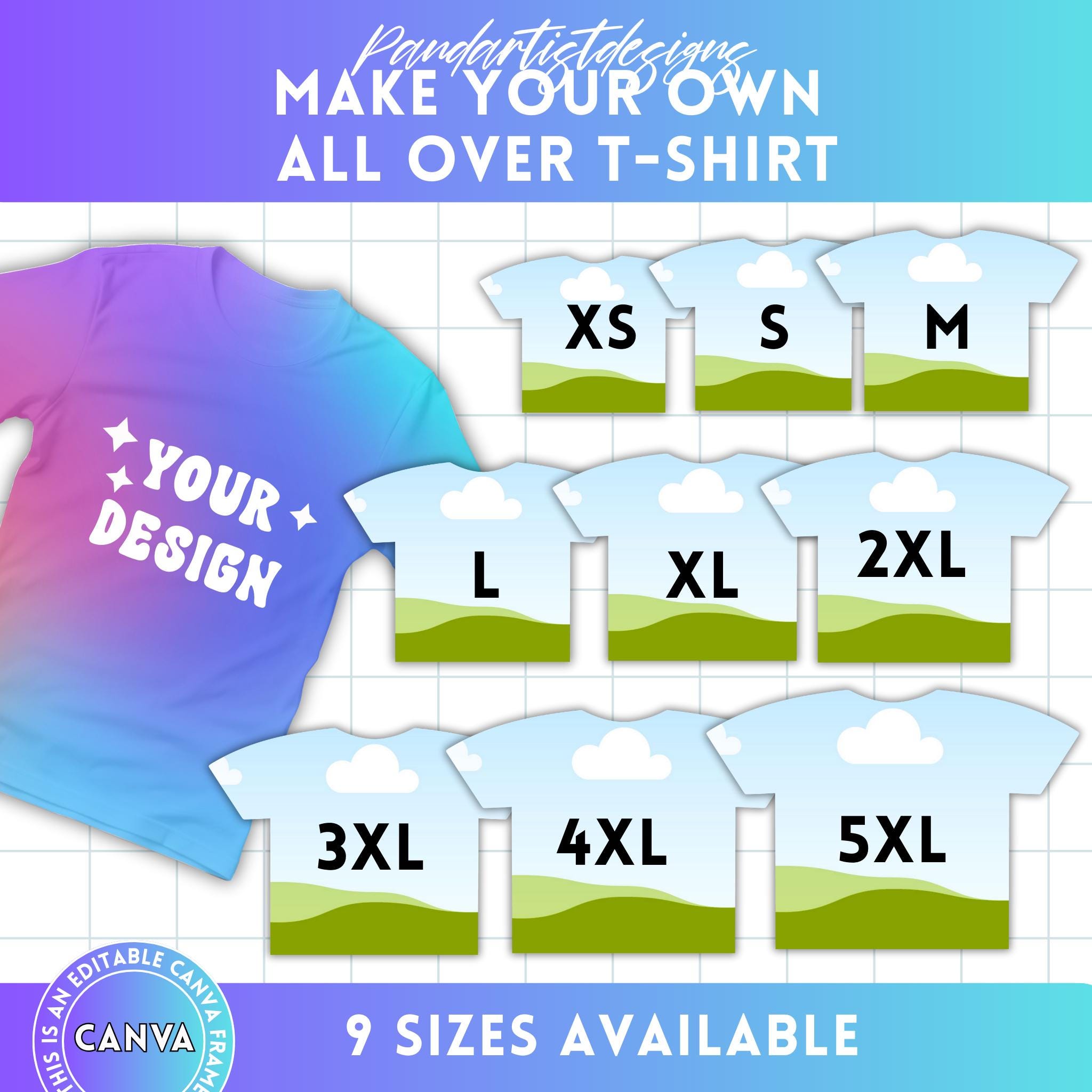 All Over T-Shirt Canva Template, T-Shirt Sublimation Blank Template, Canva Shirt Outline Template, Drag Drop T-Shirt Template, Custom DIY