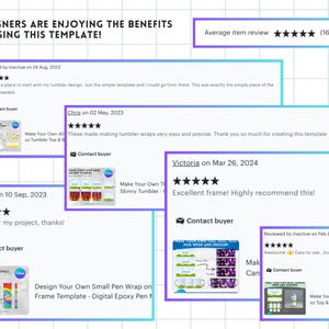 May include: Screenshots of customer reviews for a digital template for designing tumblers, pen wraps, and other items. The reviews are positive and include five-star ratings. The text in the reviews mentions the ease of use and the quality of the templates.