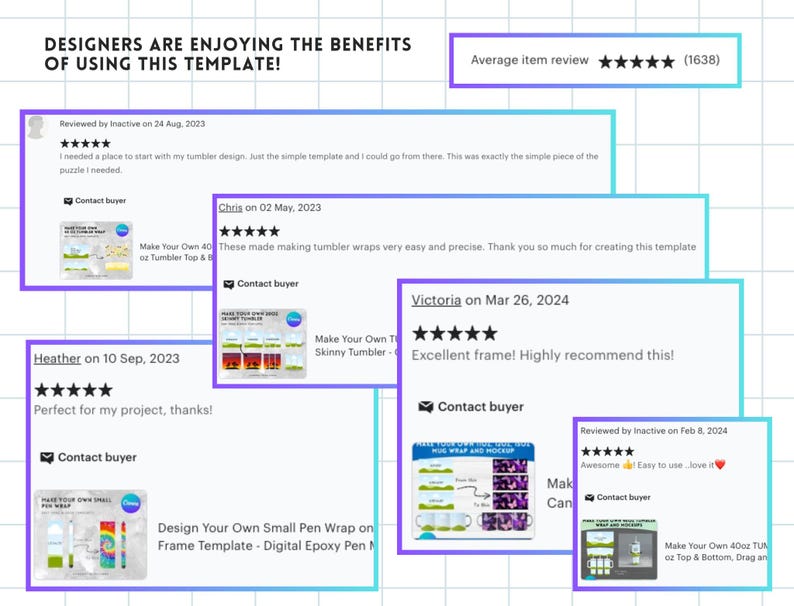 May include: Screenshots of customer reviews for a digital template for designing tumblers, pen wraps, and other items. The reviews are positive and include five-star ratings. The text in the reviews mentions the ease of use and the quality of the templates.