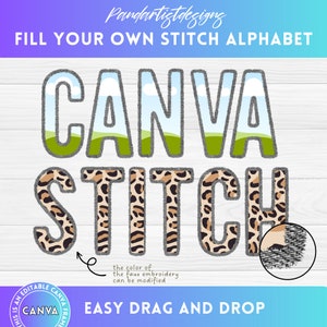 Digital Stitch Doodle Letter PNG, Faux Embroidery Applique Uppercase Number, Drag and Drop, Sequin Alphabet Patch Duotone Canva Frame Bundle