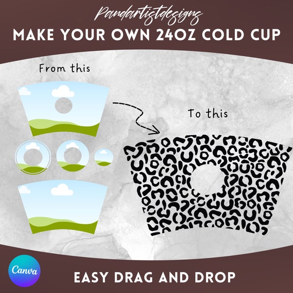 Mach dein eigenes 24oz Cold Cup Design auf Canva - Einfaches Ziehen und Ablegen - Canva Rahmen 24 oz Wraps - Canva Vorlage PNG - Tasse mit Loch und ohne Loch