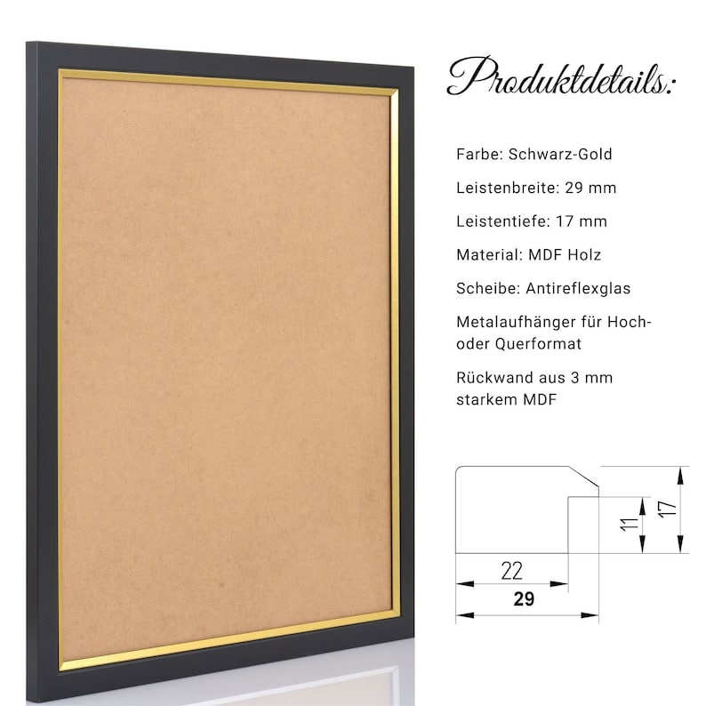 Wall frames for pictures Poster Puzzle, elegant wall decoration GALLANT with anti-reflective glass in many sizes A1 A2 A3 40x60 50x70 Schwarz-Gold