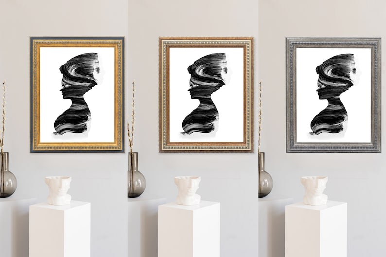 May include: Three framed black and white abstract art prints of a woman's silhouette with brushstrokes. The frames are gold, silver, and black.