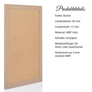 May include: A light wood picture frame with a corkboard backing. The frame is 30 mm wide and 17 mm deep. The frame is made of MDF wood and has an acrylic glass front. It includes metal hangers for hanging in portrait or landscape orientation. The back is made of 3 mm thick MDF.